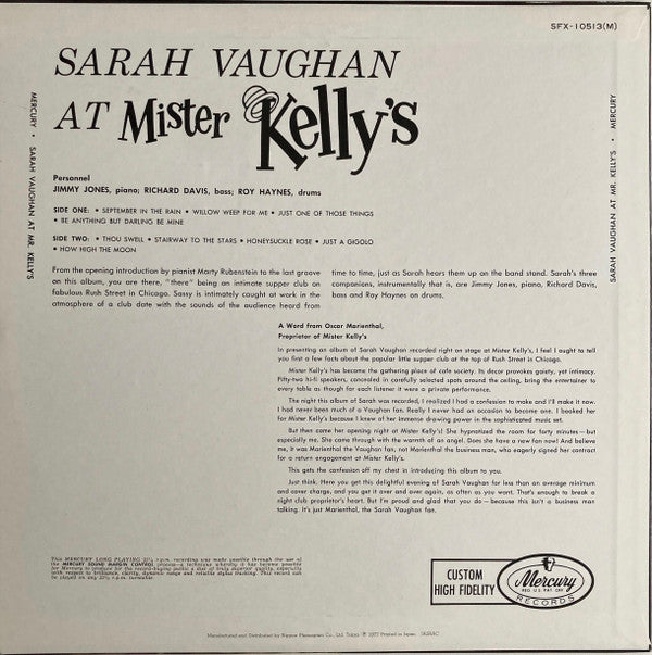 Sarah Vaughan And Her Trio : Sarah Vaughan At Mister Kelly's (LP, Album, Mono, blu)