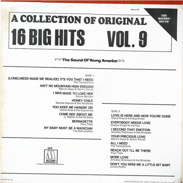 Various : The Motown Sound (A Collection Of 16 Original Hits Vol. 9) (LP, Comp)