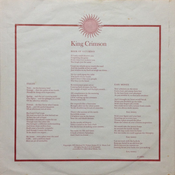 King Crimson = キング・クリムゾン* : Larks' Tongues In Aspic = 太陽と戦慄 (LP, Album)