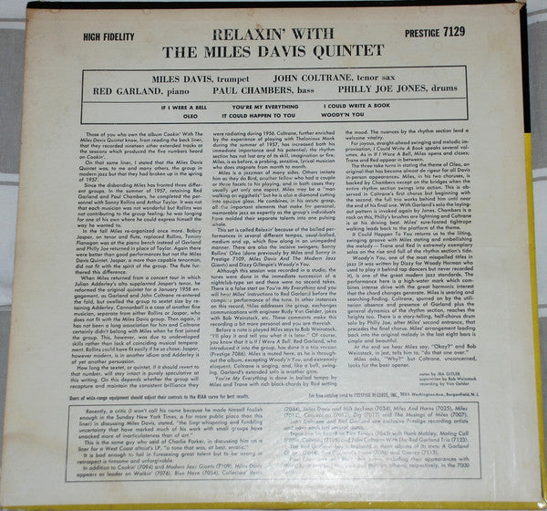 The Miles Davis Quintet : Relaxin' With The Miles Davis Quintet (LP, Album, Mono, RP)