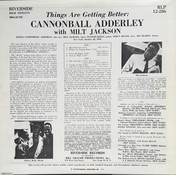 Cannonball Adderley With Milt Jackson : Things Are Getting Better (LP, Album, RE)