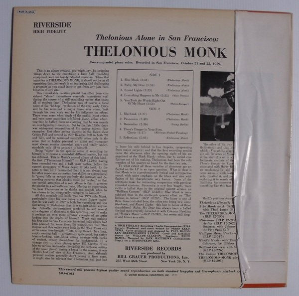 Thelonious Monk : Thelonious Alone In San Francisco (LP, Album, RE)