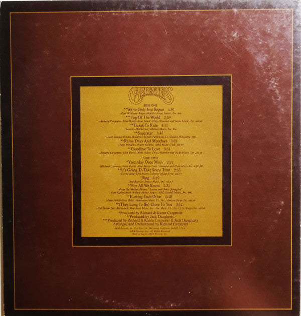 Carpenters : The Singles 1969-1973 (LP, Album, Comp, RE, Gat)