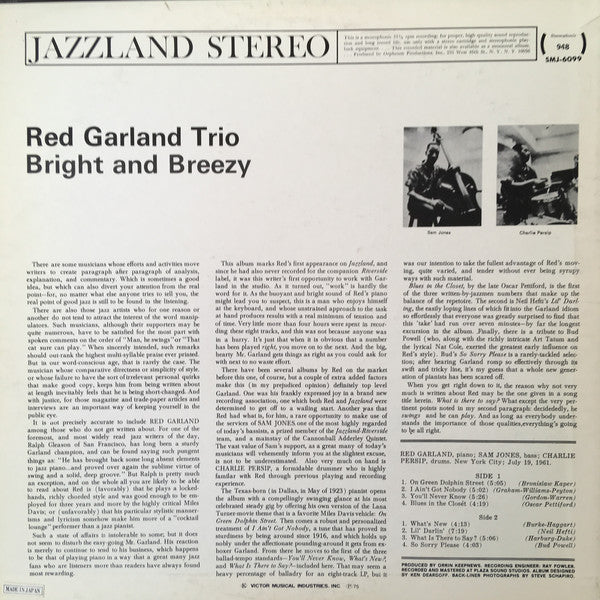 The Red Garland Trio : Bright And Breezy (LP, Album, RE)