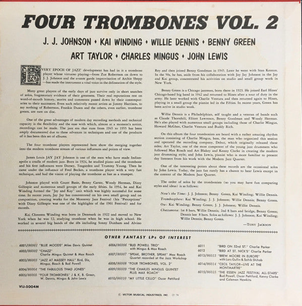 Four Trombones* - John Lewis (2) / Charlie Mingus* / J.J. Johnson / Kai Winding / Benny Green* / Willie Dennis : Four Trombones, Volume 2 (LP, Album, Mono, Ltd, RE)