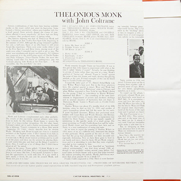Thelonious Monk With John Coltrane : Thelonious Monk With John Coltrane (LP, Album, Mono, RE)