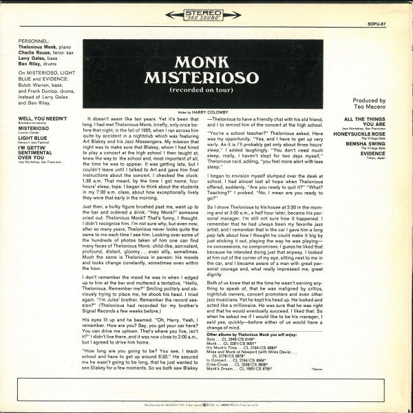 Monk* : Misterioso (Recorded On Tour) (LP, Album, RE)