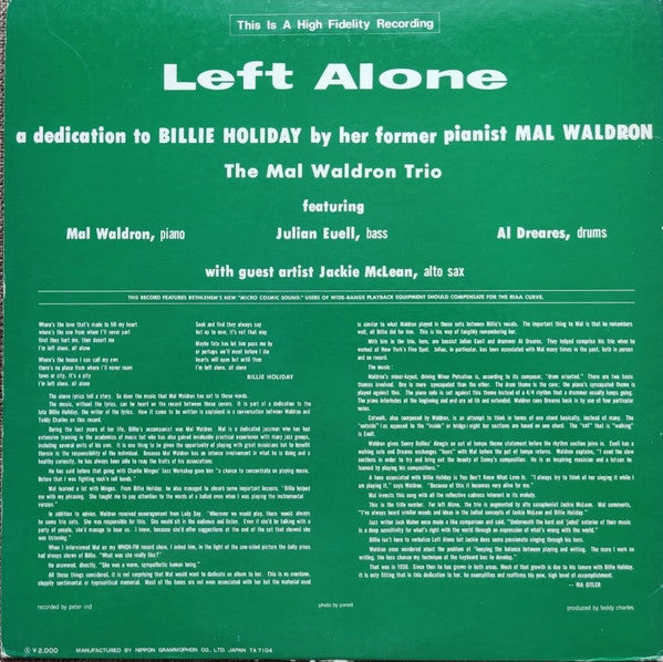 Mal Waldron : Left Alone (LP, Album, RE, Gat)