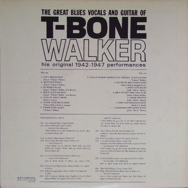 T-Bone Walker : The Great Blues Vocals And Guitar Of T-Bone Walker (His Original 1942-1947 Performances)  (LP, Comp)