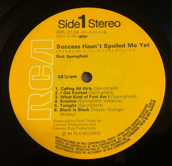 Rick Springfield : Success Hasn't Spoiled Me Yet (LP, Album, RE)