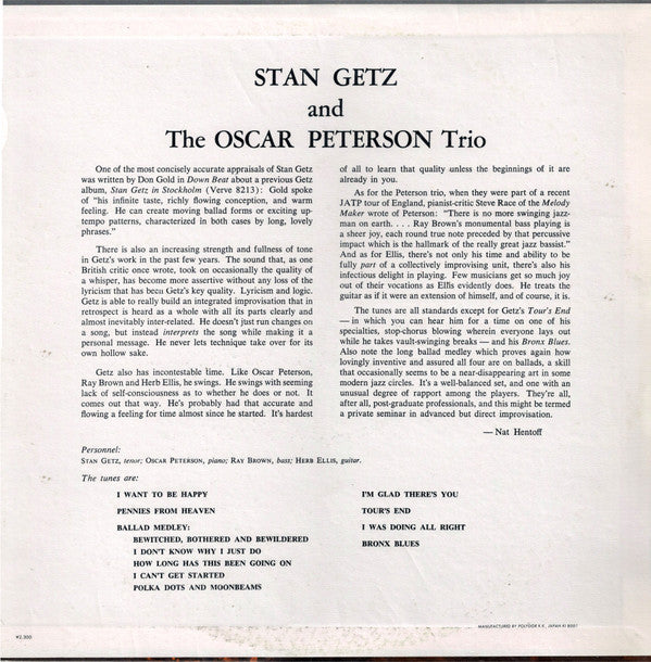 Stan Getz And The Oscar Peterson Trio : Stan Getz And The Oscar Peterson Trio (LP, Album, Mono, RE)
