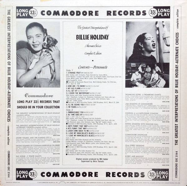Billie Holiday = ビリー・ホリデイ* : The Greatest Interpretations Of Billie Holiday - Alternate Choices - Complete Edition = 奇妙な果実~別テイク集 (LP, Comp, Mono, RE)