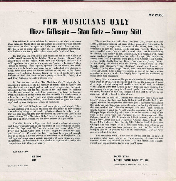 Stan Getz, Dizzy Gillespie, Sonny Stitt : For Musicians Only (LP, Album, Mono, RE)