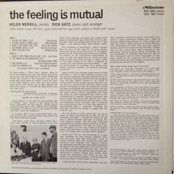 Helen Merrill Together With Dick Katz : The Feeling Is Mutual (LP, Album, RE)