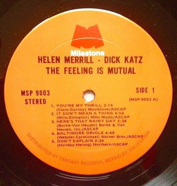 Helen Merrill Together With Dick Katz : The Feeling Is Mutual (LP, Album, RE)