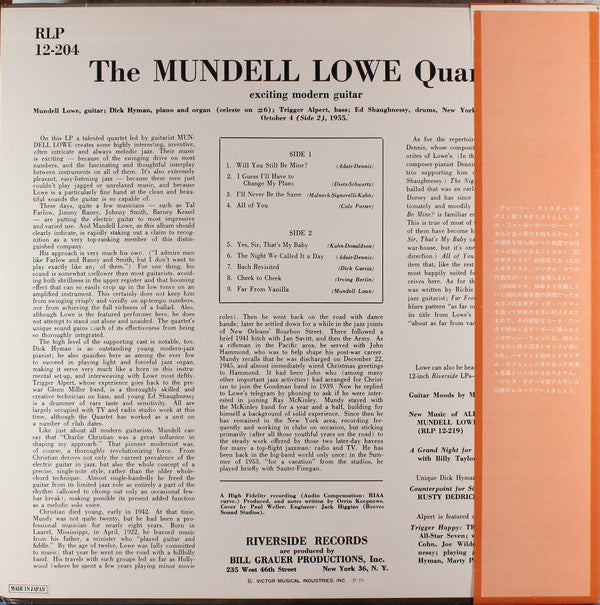 The Mundell Lowe Quartet : The Mundell Lowe Quartet (LP, Album, Mono, RE)