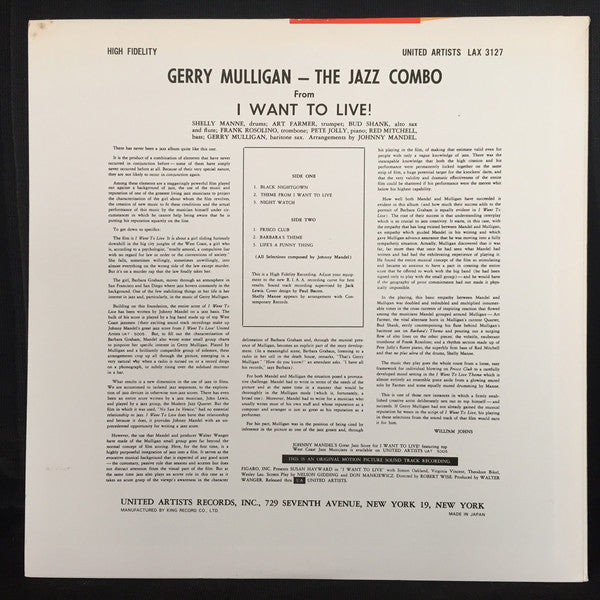 Gerry Mulligan : The Jazz Combo From "I Want To Live!" (LP, Album, Ltd, RE)