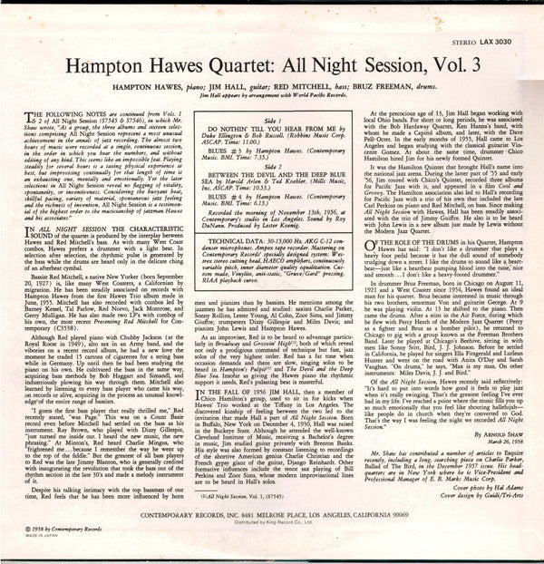 Hampton Hawes Quartet : All Night Session, Vol. 3 (LP, Album, Ltd, RE)