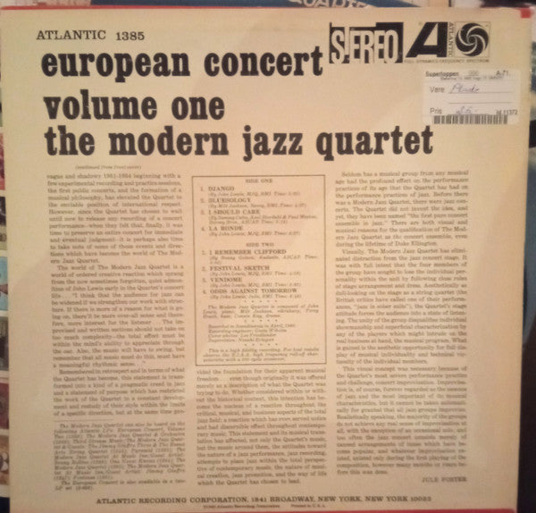 The Modern Jazz Quartet : European Concert : Volume One (LP, Album, RE)