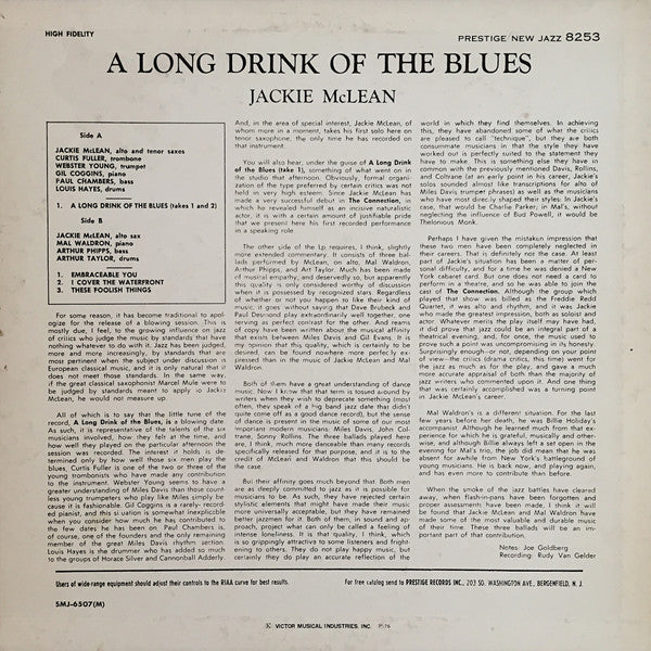 Jackie McLean : A Long Drink Of The Blues (LP, Album, Mono, RE)