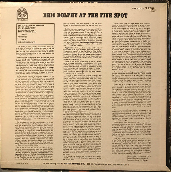 Eric Dolphy : At The Five Spot Volume 2 (LP, Album, Mono, RE, RP)