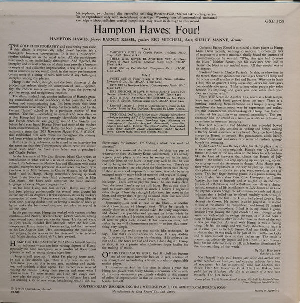 Hampton Hawes !!!! With Barney Kessel, Shelly Manne & Red Mitchell : Four! (LP, Album)