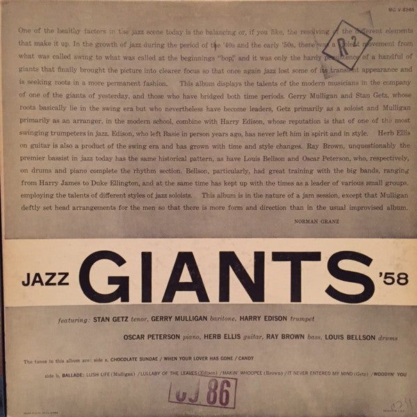 Stan Getz · Gerry Mulligan · Harry Edison, Louis Bellson And The Oscar Peterson Trio : Jazz Giants '58 (LP, Album, Mono, RE)