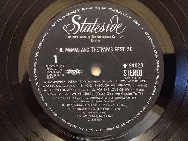 The Mamas & The Papas : The Mamas & the Papas Best 20 (LP, Comp)