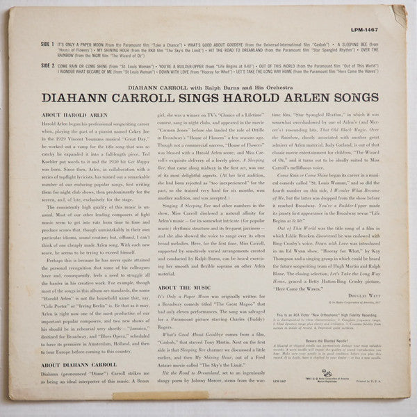 Diahann Carroll With Ralph Burns And His Orchestra  Sings Harold Arlen : Diahann Carroll Sings Harold Arlen Songs (LP, Album, Mono, RE)