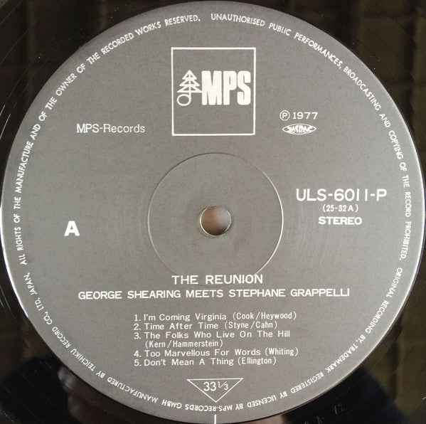 George Shearing Meets Stephane Grappelli* : The Reunion (LP, Album)