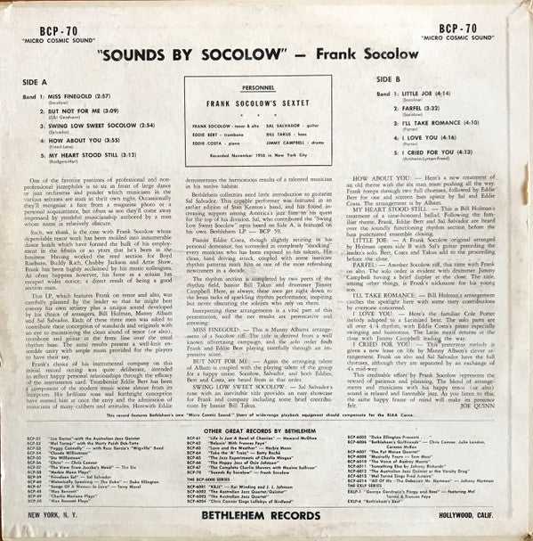 Frank Socolow's Sextet : Sounds By Socolow (LP, Album, Mono)