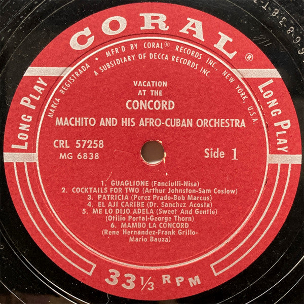 Machito And His Afro-Cuban Orchestra* : Vacation At The Concord (LP, Album, Mono)