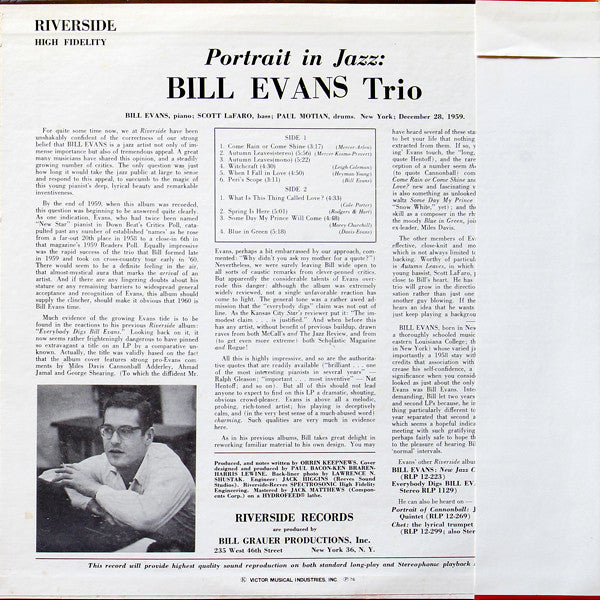 The Bill Evans Trio : Portrait In Jazz (LP, Album, RE)
