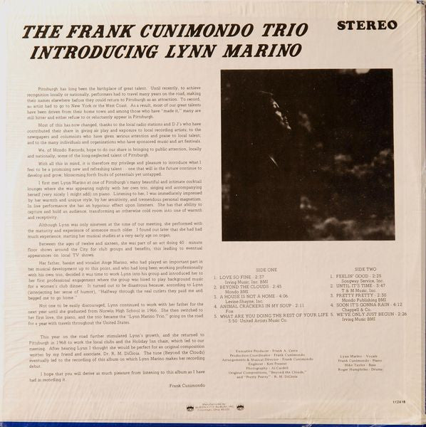 The Frank Cunimondo Trio - The Frank Cunimondo Trio Introducing Lyn...