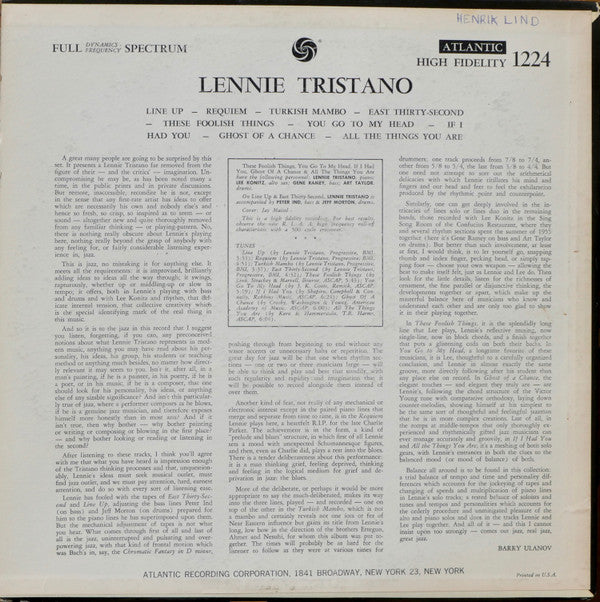 Lennie Tristano - Lennie Tristano (LP, Album, Mono, RP)