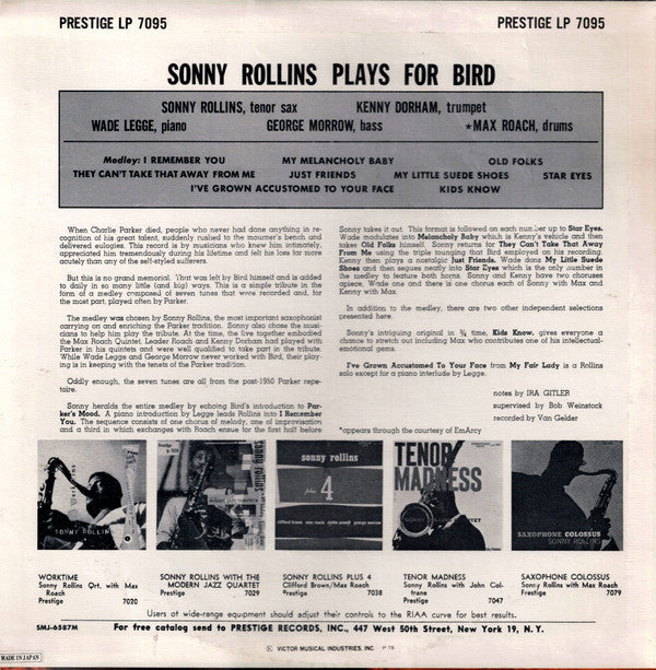 Sonny Rollins Quintet - Rollins Plays For Bird(LP, Album, Mono, RE)