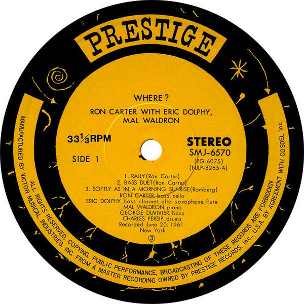 Ron Carter With Eric Dolphy, Mal Waldron - Where? (LP, Album, RE)
