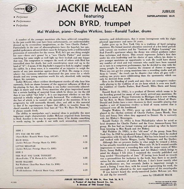 Jackie McLean Quintet - The Jackie McLean Quintet(LP, Album, Mono, RE)