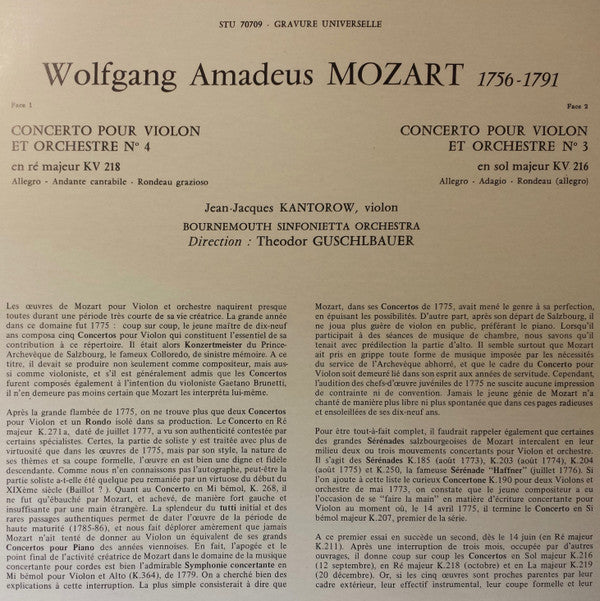 Wolfgang Amadeus Mozart - Deux Concertos Pour Violon(LP)