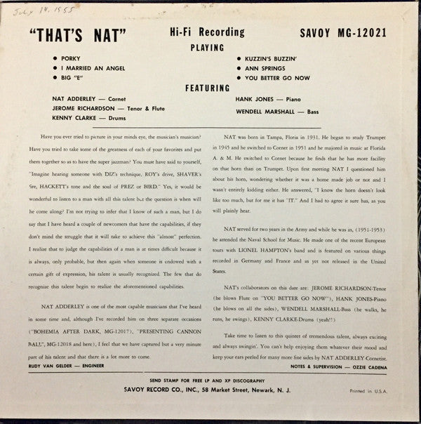 Nat Adderley - ""That's Nat"" Adderley (LP, Mono, RE)