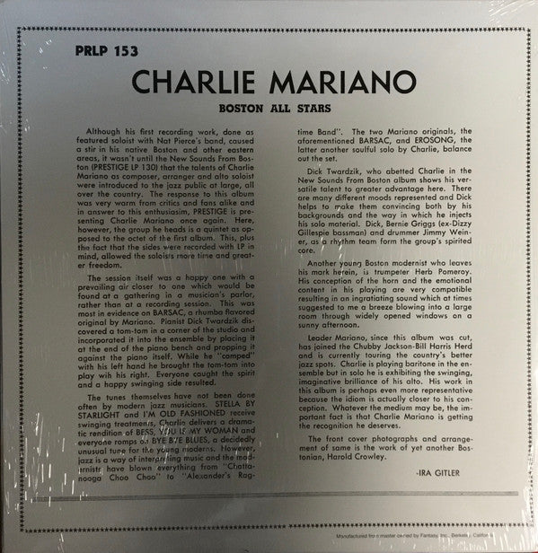 Charlie Mariano - Boston All Stars (10"", Album, Mono, RE)