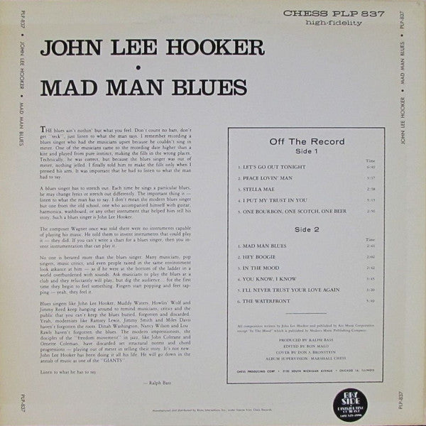 John Lee Hooker ‎】 Mad Man Blues LP - 洋楽