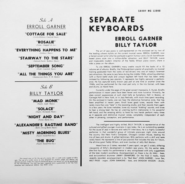 Erroll Garner, Billy Taylor - Separate Keyboards (LP, Comp, Mono)