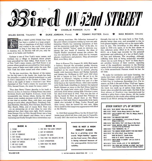 Charlie Parker - Bird On 52nd Street (LP, Album, Mono, Ltd, RE)