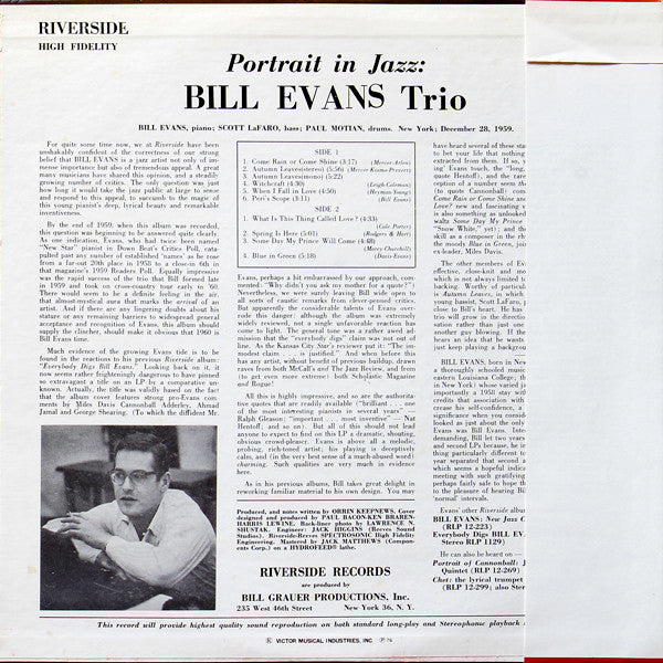 Bill Evans Trio* - Portrait In Jazz (LP, Album, RE)