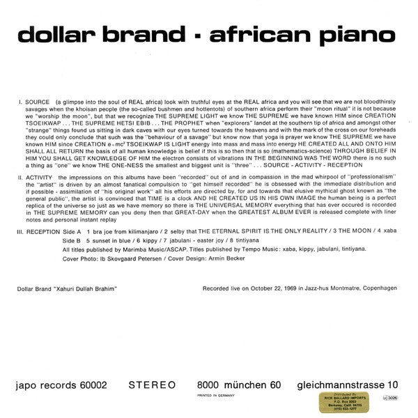 Dollar Brand - African Piano (LP, Album, RE)