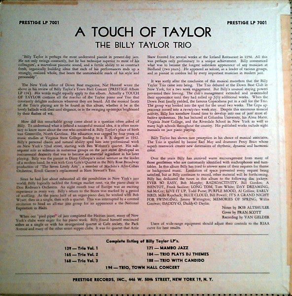 The Billy Taylor Trio* - A Touch Of Taylor (LP, Album, Mono)