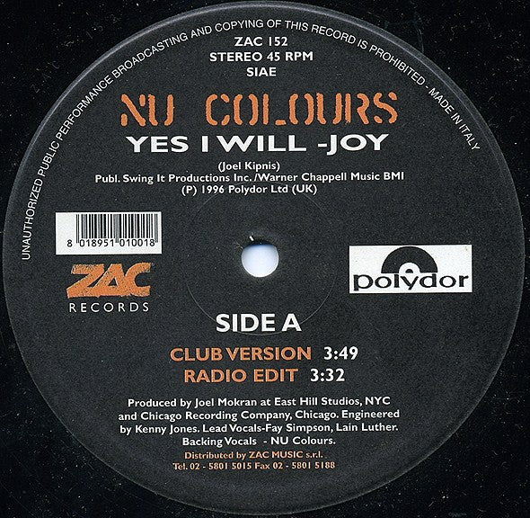 Nu Colours - Yes I Will (12"")