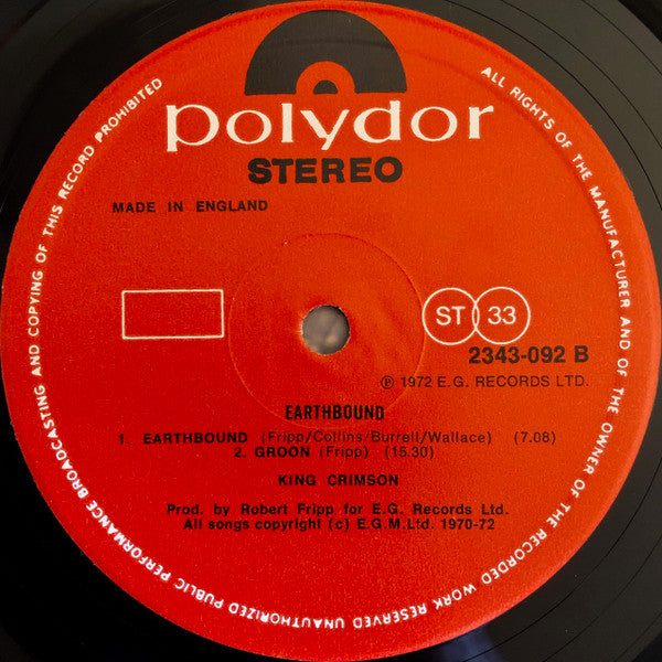 King Crimson - Earthbound (LP, Album, RE)