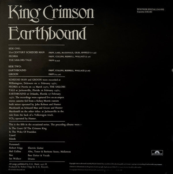 King Crimson - Earthbound (LP, Album, RE)